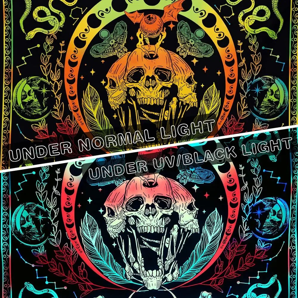 Krelymics Black Light Skull Snake Tapestry UV Reactive Glow Wall Hanging 51